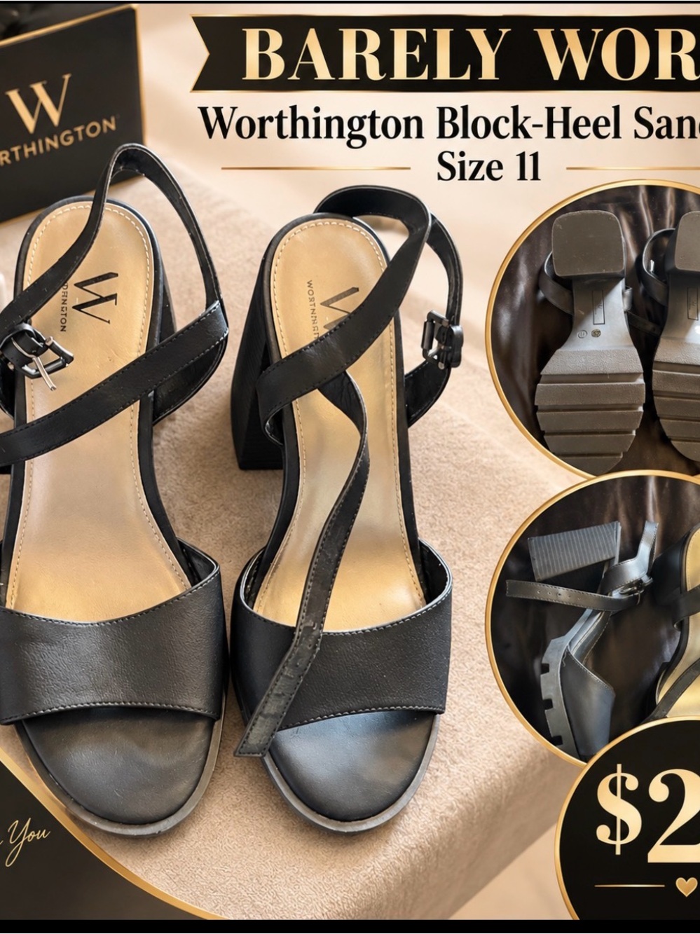 Worthington Black Cross-Strap Block Heel Sandals